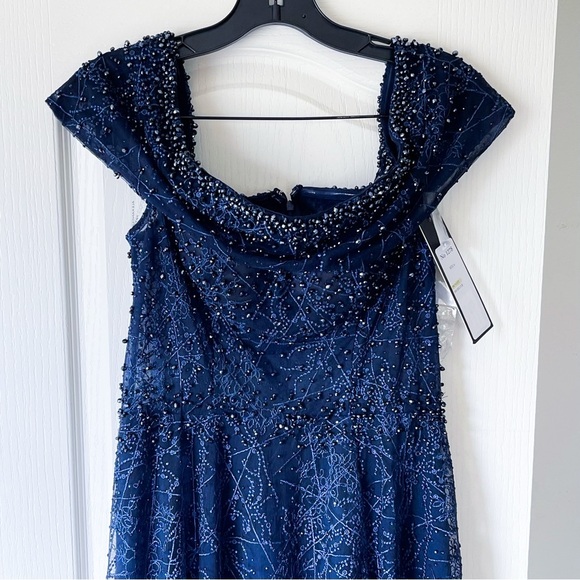 Alexander By Daymor Beaded Gown Maxi Slit Dress Wedding Off-Shoulder Navy 6 NWT - Picture 3 of 8